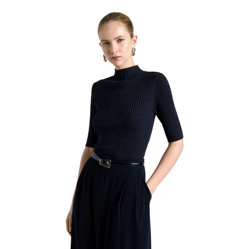 Cue Ink Textured Elbow Sleeve Funnel Neck Knit